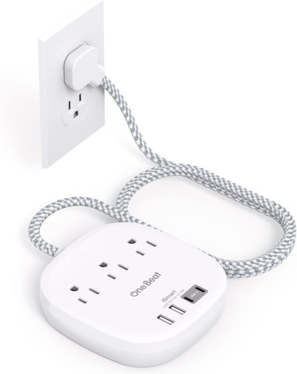 Flat Plug Power Strip, 5ft Ultra Flat Extension Cord - 3 Outlets 4 USB Ports (2 USB C) 22.5W/4.5A Desktop Charging Station,