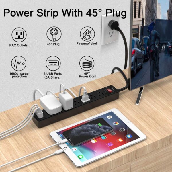 6Ft Power Strip Surge Protector - Yintar Extension Cord with 6 AC Outlets and 3 USB Ports for for Home, Office, Dorm Essentials - Image 3