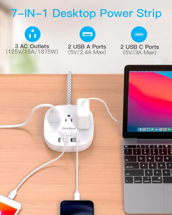 Flat Plug Power Strip, 5ft Ultra Flat Extension Cord - 3 Outlets 4 USB Ports (2 USB C) 22.5W/4.5A Desktop Charging Station, - Image 4