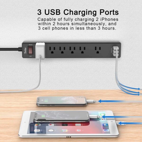 6Ft Power Strip Surge Protector - Yintar Extension Cord with 6 AC Outlets and 3 USB Ports for for Home, Office, Dorm Essentials - Image 4