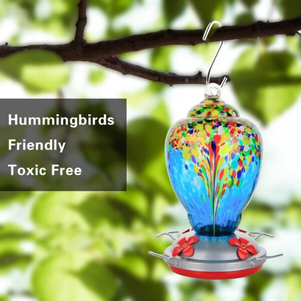 WOSIBO Hummingbird Feeder for Outdoors Patio Large 32 Ounces Colorful Hand Blown Glass Hummingbird - Image 2