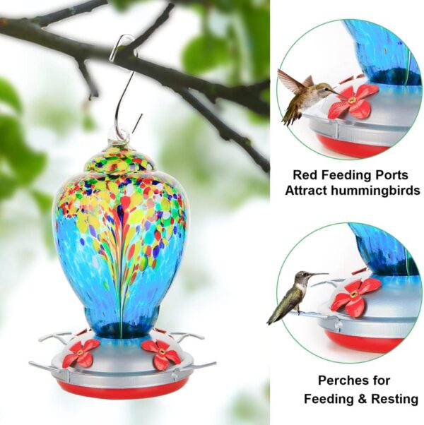 WOSIBO Hummingbird Feeder for Outdoors Patio Large 32 Ounces Colorful Hand Blown Glass Hummingbird - Image 3