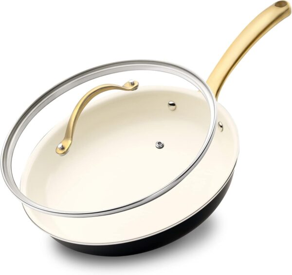 NutriChef 10-Inch Professional Ceramic Frying Pan With Lid - Medium Skillet with Golden Titanium Handle,