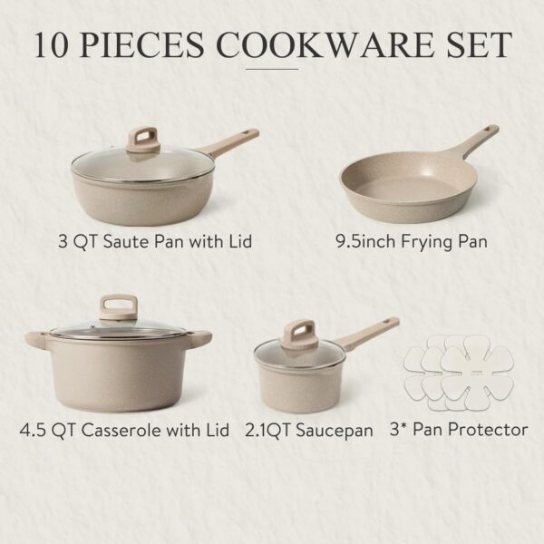 CAROTE 10pcs Pots and Pans Set Non Stick, Taupe Nonstick Cookware Set, Frying pans with lids, - Image 2