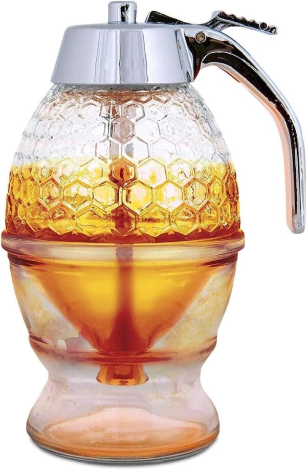 Hunnibi 8oz No Drip Glass Honey Dispenser with Stand - Honeycomb-Style Syrup Server and Bee-Themed Storage Jar -