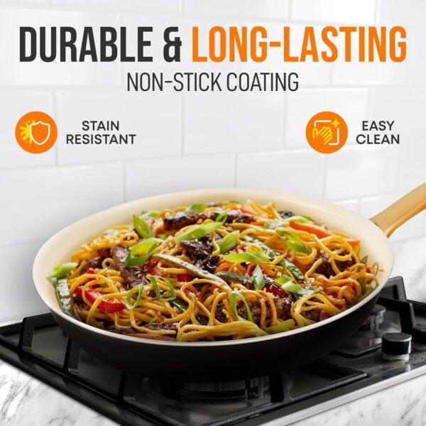 NutriChef 10-Inch Professional Ceramic Frying Pan With Lid - Medium Skillet with Golden Titanium Handle, - Image 3