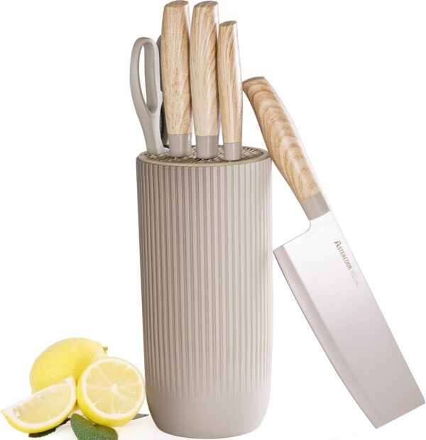 Knife Set, Astercook 6 Piece Khaki Kitchen Knife Set, Non-stick Stainless Steel Knife Block Set, Anti-Rust
