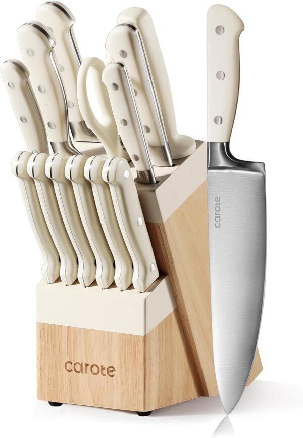 CAROTE 14 Pieces Knife Set with Block, Forged, High Carbon Stainless Steel Sharp Blade Block Knife Set,