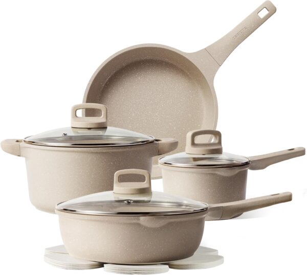 CAROTE 10pcs Pots and Pans Set Non Stick, Taupe Nonstick Cookware Set, Frying pans with lids,