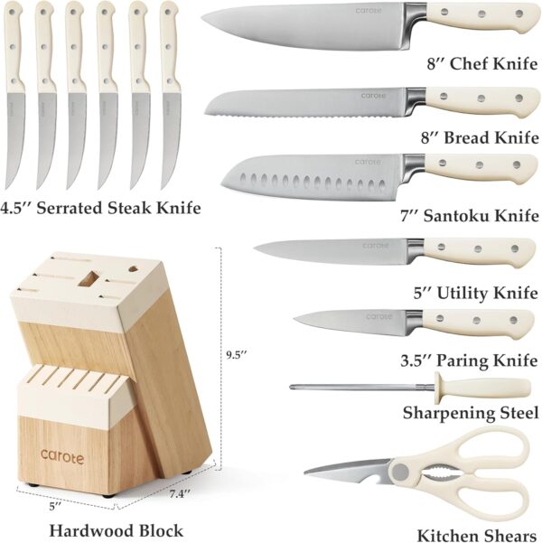 CAROTE 14 Pieces Knife Set with Block, Forged, High Carbon Stainless Steel Sharp Blade Block Knife Set, - Image 2