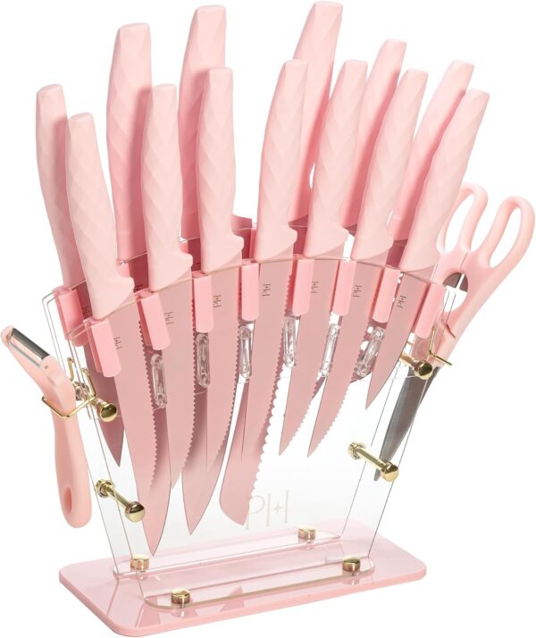Paris Hilton Knife Block Set with Fan Style Clear Acrylic Knife Block, Premium Stainless Steel Blades with Nonstick Coating,
