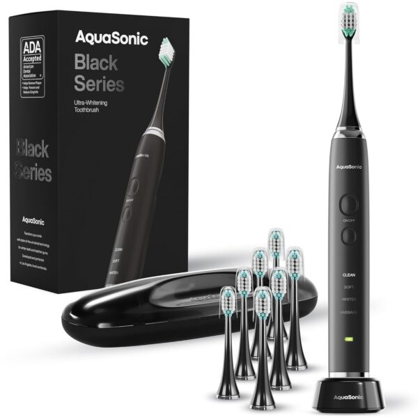 Aquasonic Black Series Ultra Whitening Toothbrush – ADA Accepted Electric Toothbrush- 8 Brush Heads & Travel Case – 40,000