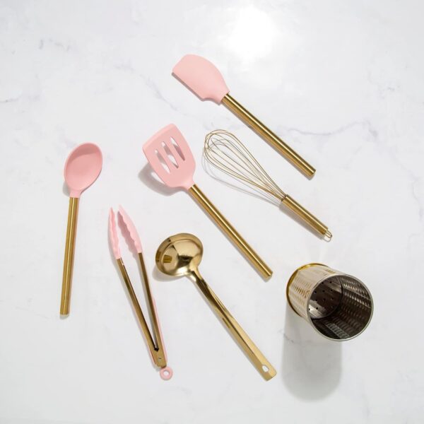 Paris Hilton Kitchen Set Tool Crock with Silicone Cooking Utensils, Stainless Steel Whisk and Ladle, 7-Piece, Pink and Gold - Image 4