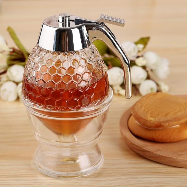 Hunnibi 8oz No Drip Glass Honey Dispenser with Stand - Honeycomb-Style Syrup Server and Bee-Themed Storage Jar - - Image 2