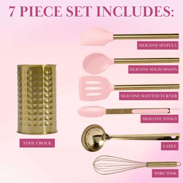 Paris Hilton Kitchen Set Tool Crock with Silicone Cooking Utensils, Stainless Steel Whisk and Ladle, 7-Piece, Pink and Gold - Image 3