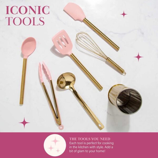 Paris Hilton Kitchen Set Tool Crock with Silicone Cooking Utensils, Stainless Steel Whisk and Ladle, 7-Piece, Pink and Gold - Image 2