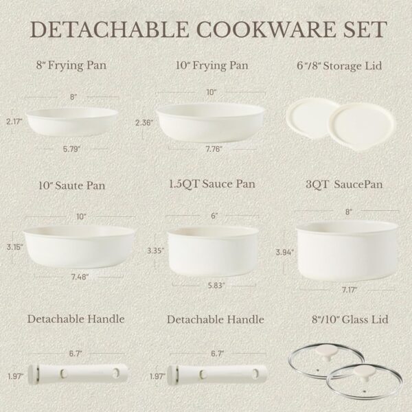 CAROTE 11pcs Pots and Pans Set, Nonstick Cookware Detachable/Removable Handle, Induction RV - Image 3