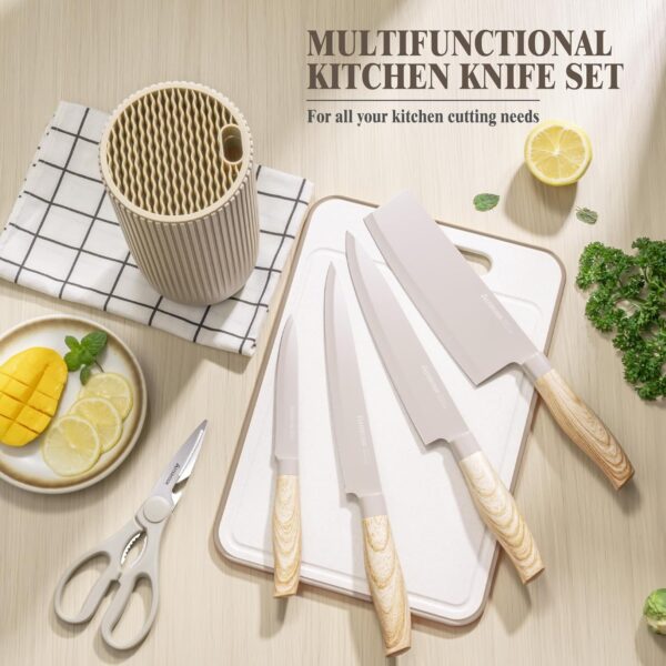 Knife Set, Astercook 6 Piece Khaki Kitchen Knife Set, Non-stick Stainless Steel Knife Block Set, Anti-Rust - Image 3