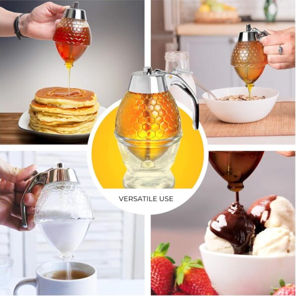Hunnibi 8oz No Drip Glass Honey Dispenser with Stand - Honeycomb-Style Syrup Server and Bee-Themed Storage Jar - - Image 3