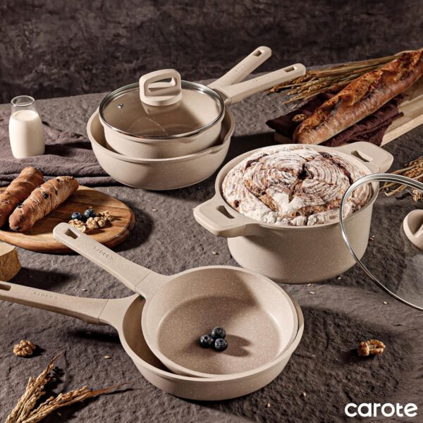 CAROTE 10pcs Pots and Pans Set Non Stick, Taupe Nonstick Cookware Set, Frying pans with lids, - Image 4